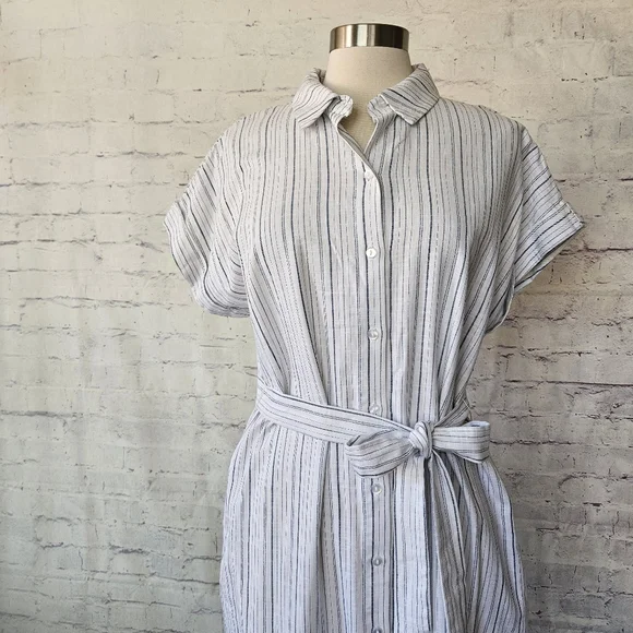 NWOT Ann Taylor Factory Button Front Cotton White Blue Stripe Shirtdress Large - Picture 11 of 11
